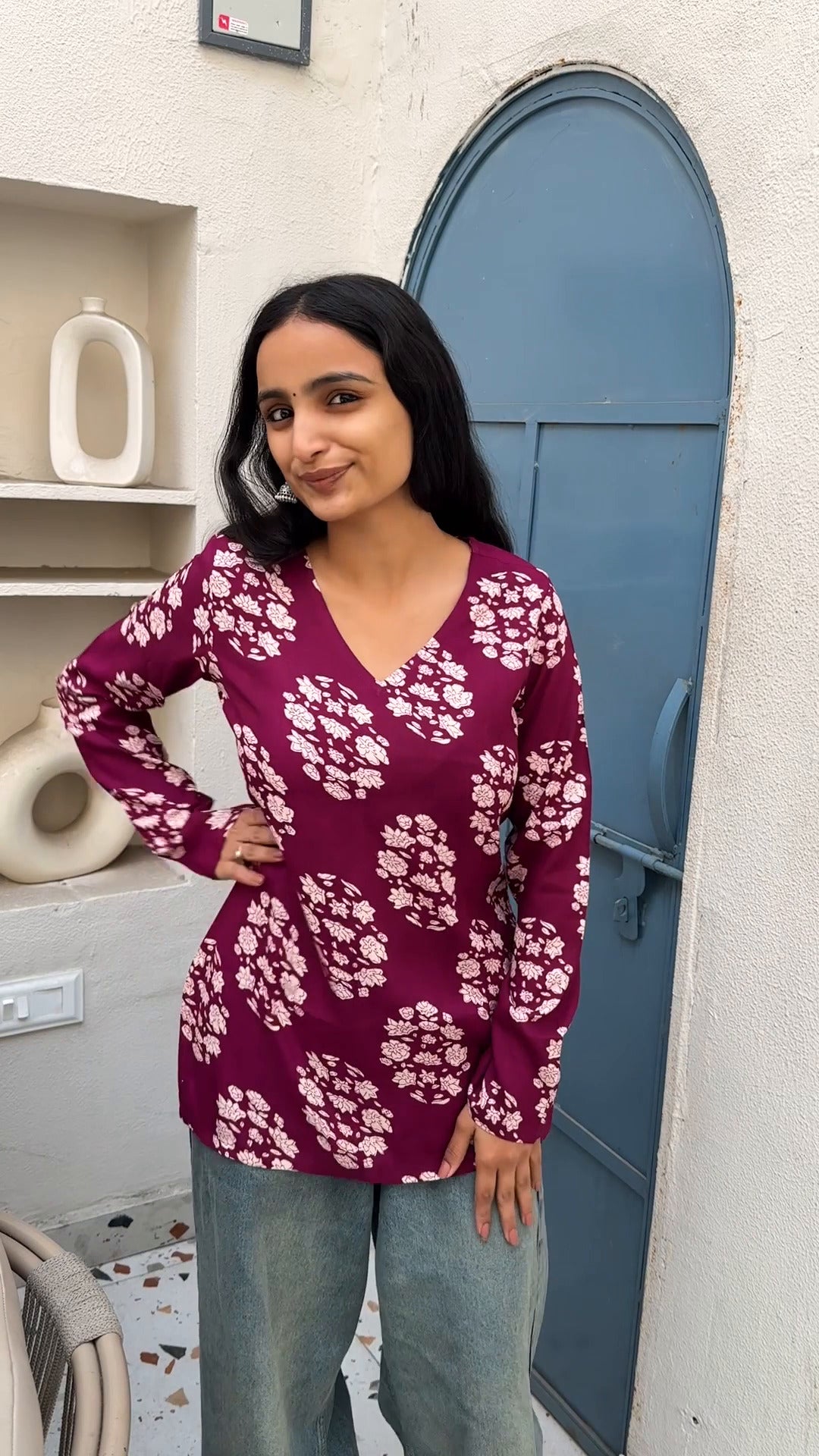 Berry Blossom Printed Bell Sleeve Kurti