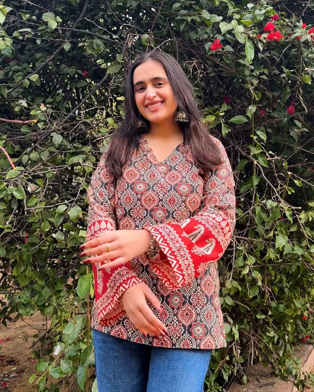 Rust Ajrakh Charm Bell Sleeve Kurti