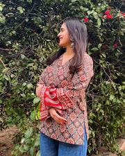 Rust Ajrakh Charm Bell Sleeve Kurti