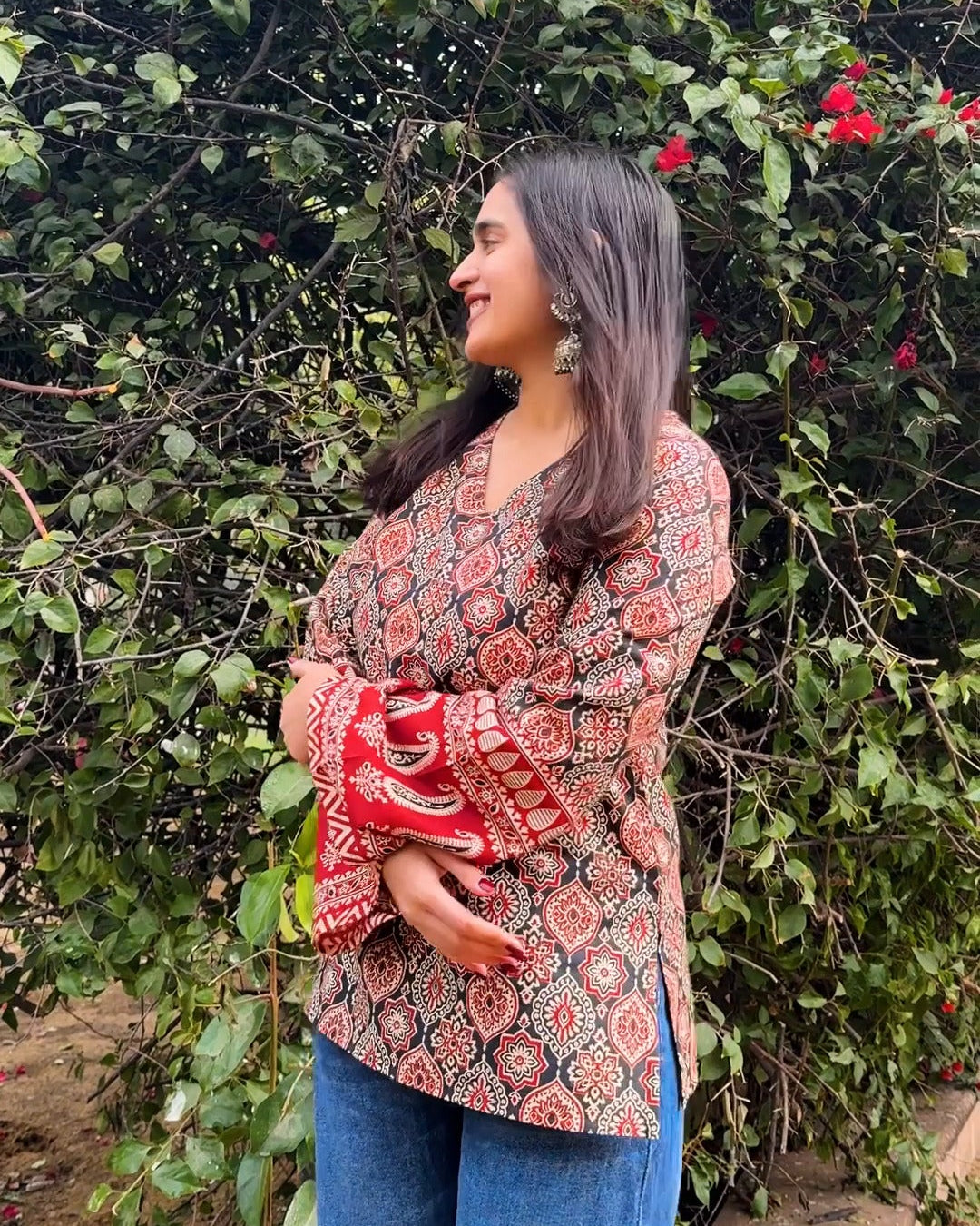 Rust Ajrakh Charm Bell Sleeve Kurti