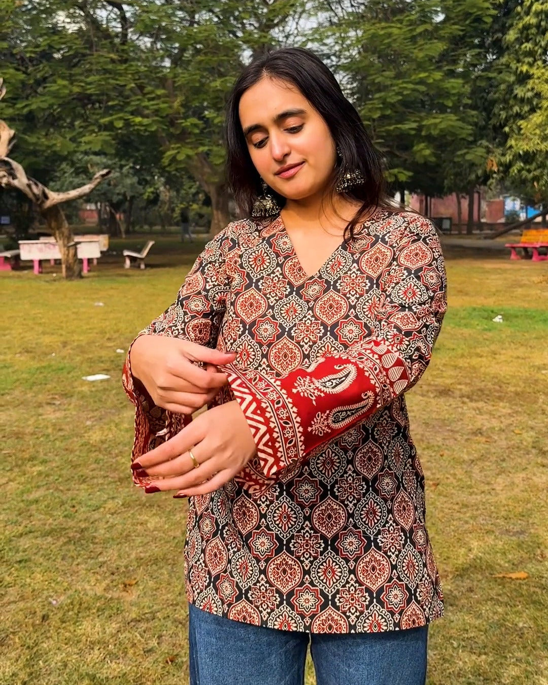 Rust Ajrakh Charm Bell Sleeve Kurti