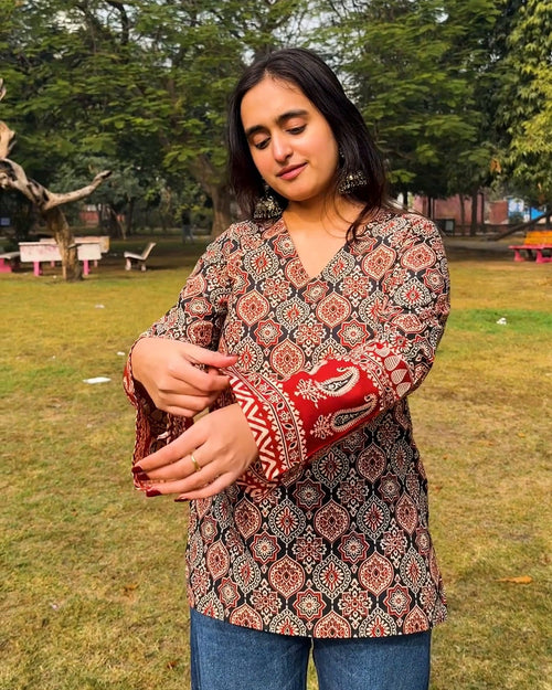 Rust Ajrakh Charm Bell Sleeve Kurti