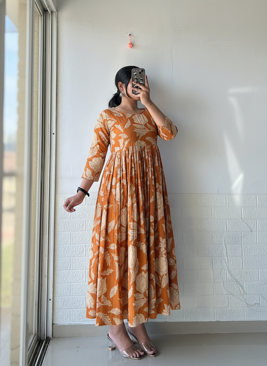 Mustard Pleated Anarkali Dress