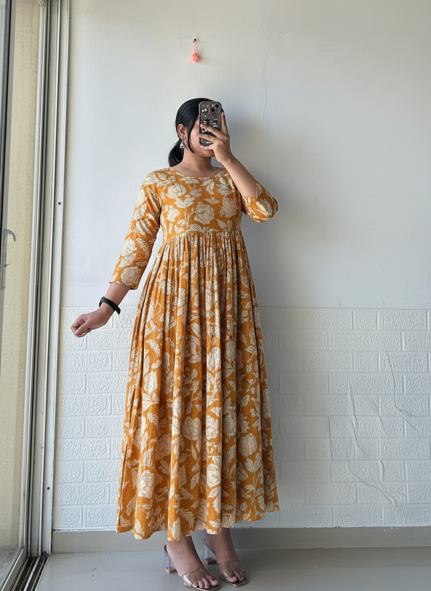 Mustard Pleated Anarkali Dress