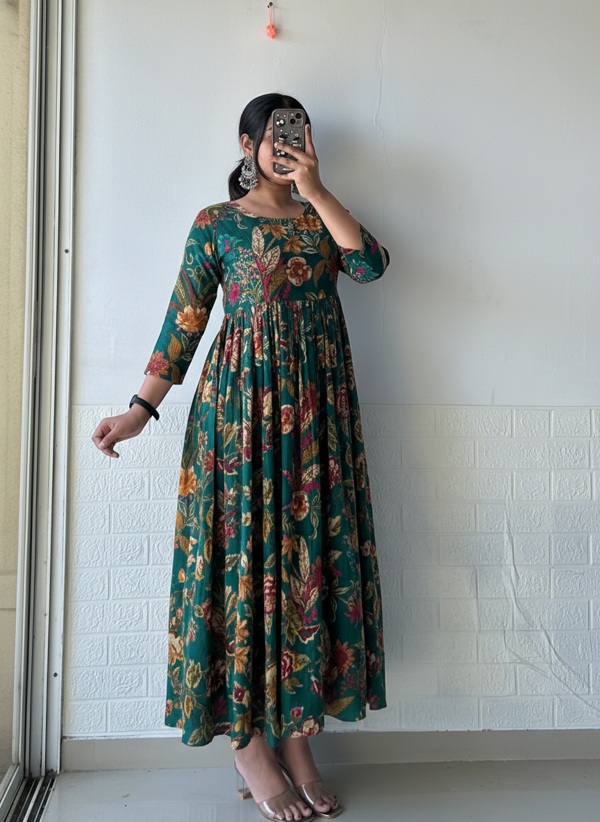 Green Pleated Anarkali Dress