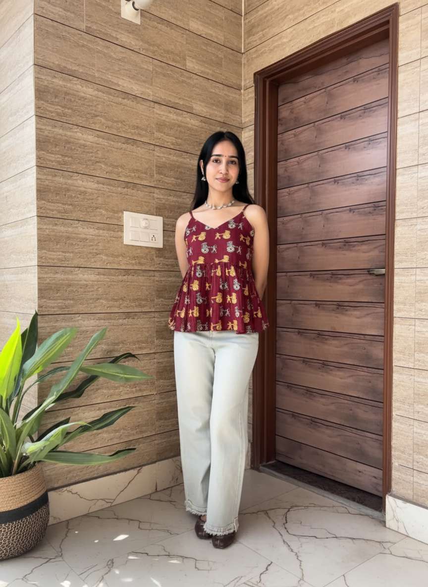 Maroon Folk Print Peplum Top