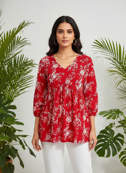 Red Handblock Peplum Top