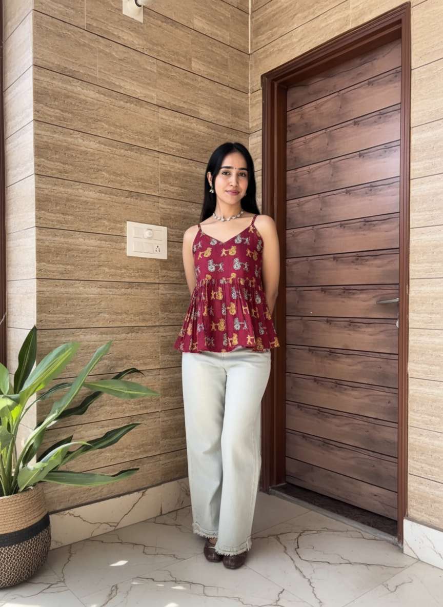 Maroon Folk Print Peplum Top