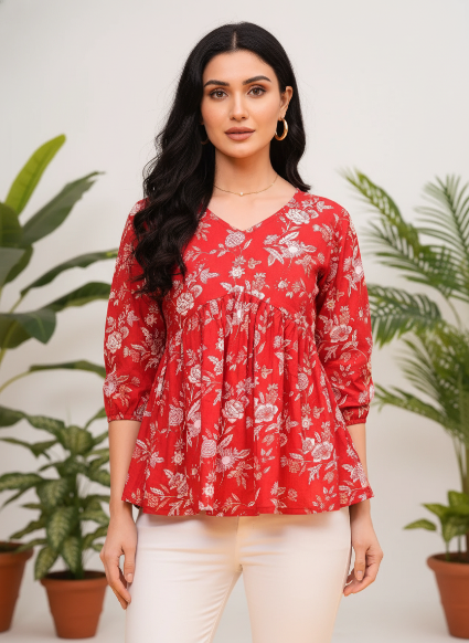 Red Handblock Peplum Top