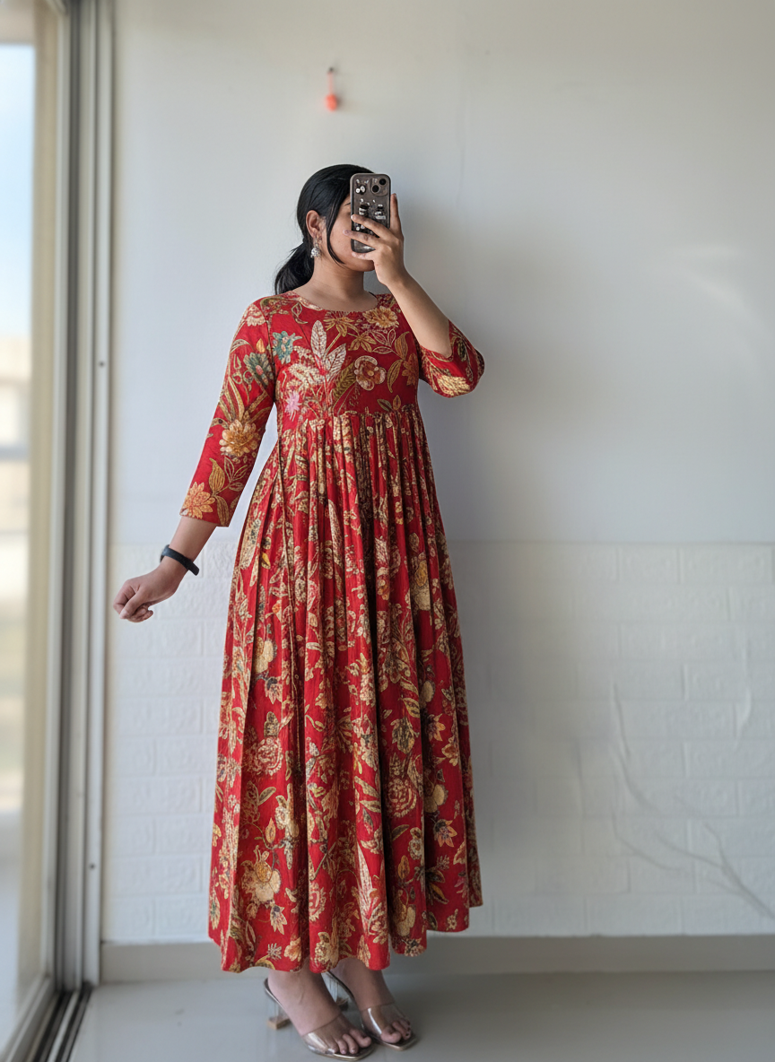 Red Pleated Anarkali Dress