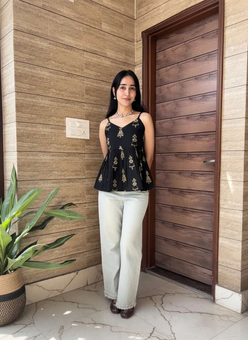 Midnight Folk Peplum Strap Top