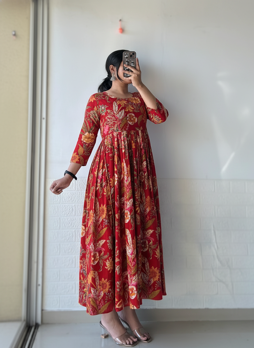 Red Pleated Anarkali Dress