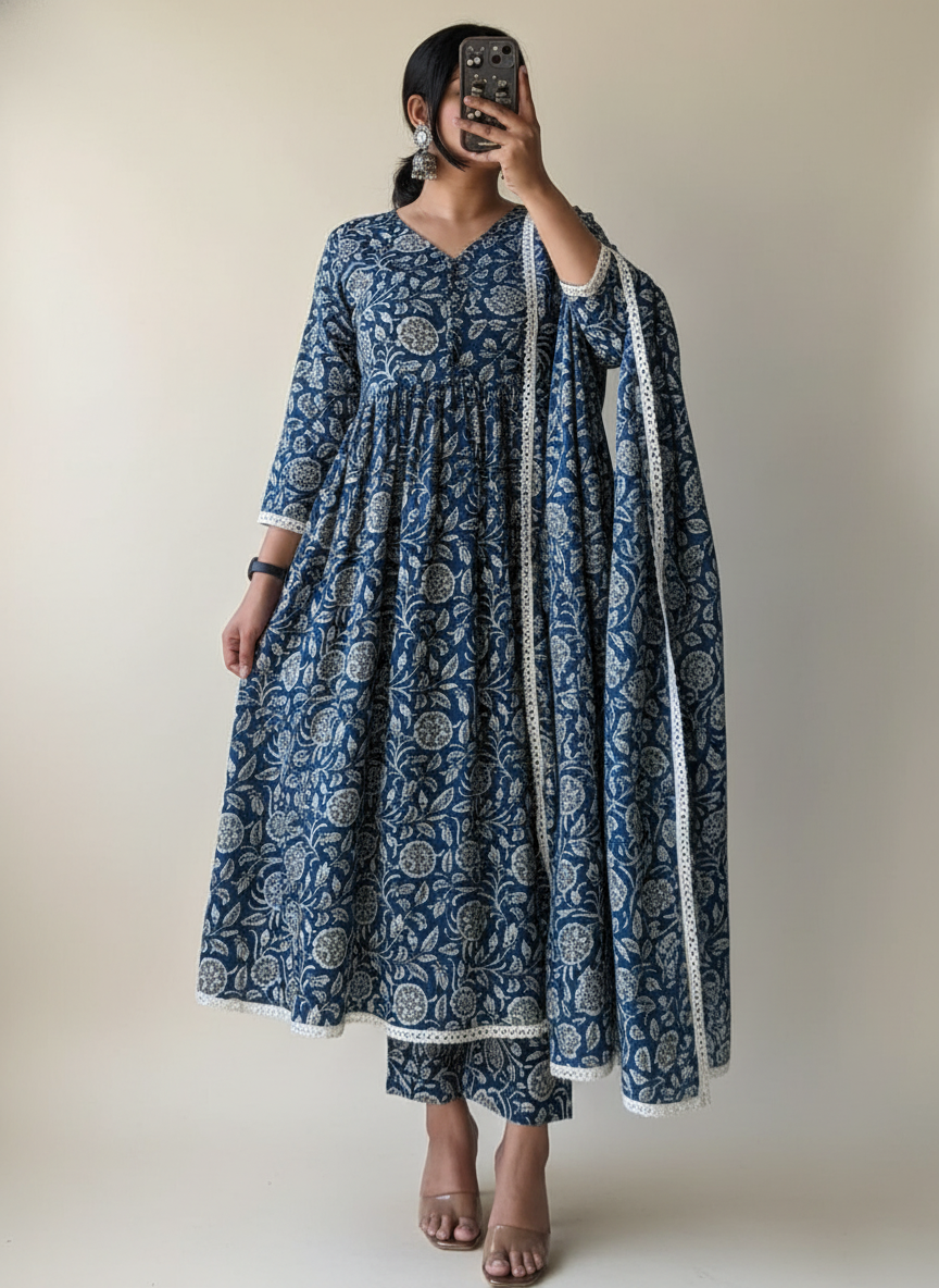 Blue Peacock Flower Kurta Set with Dupatta