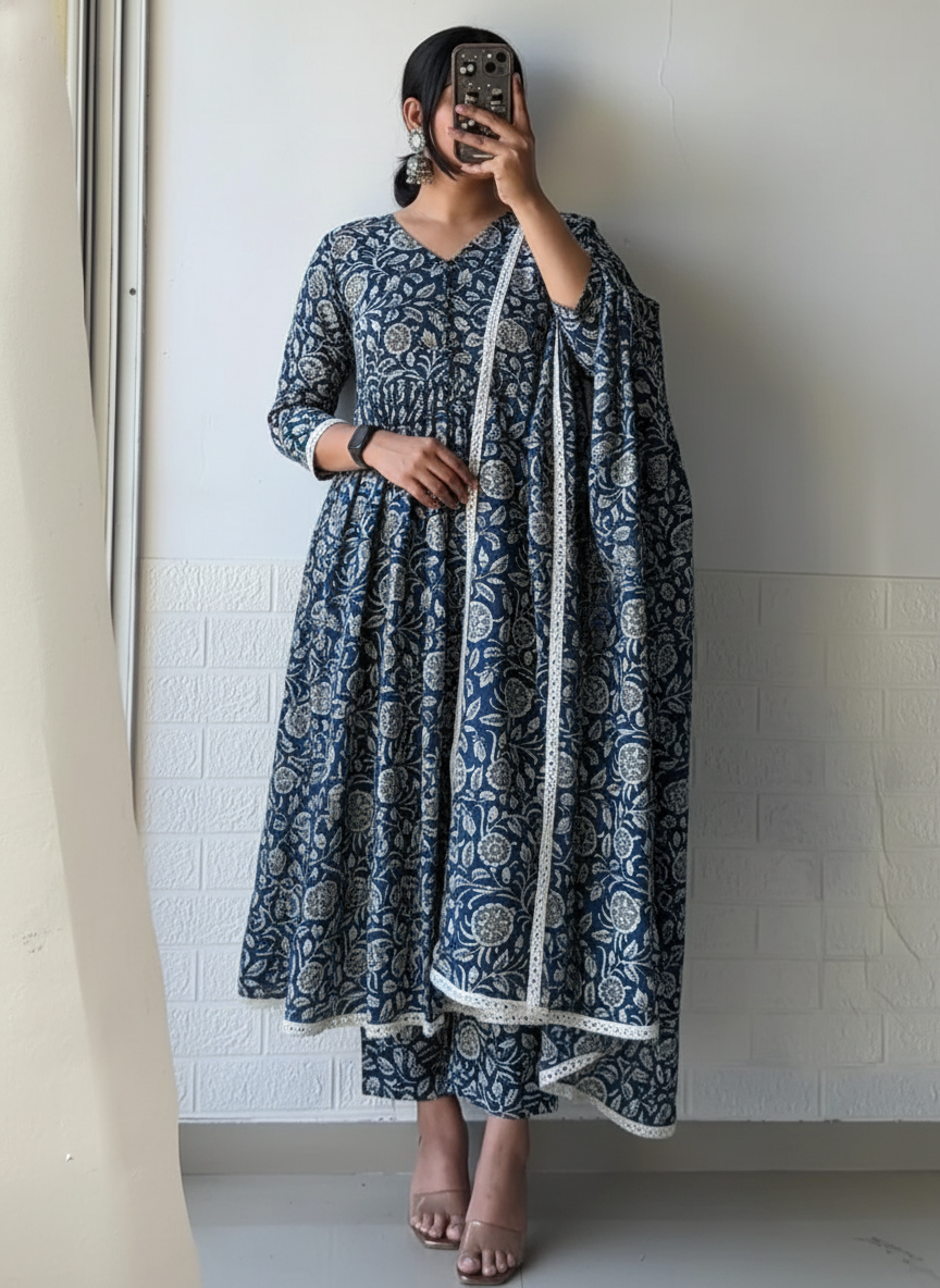 Blue Peacock Flower Kurta Set with Dupatta