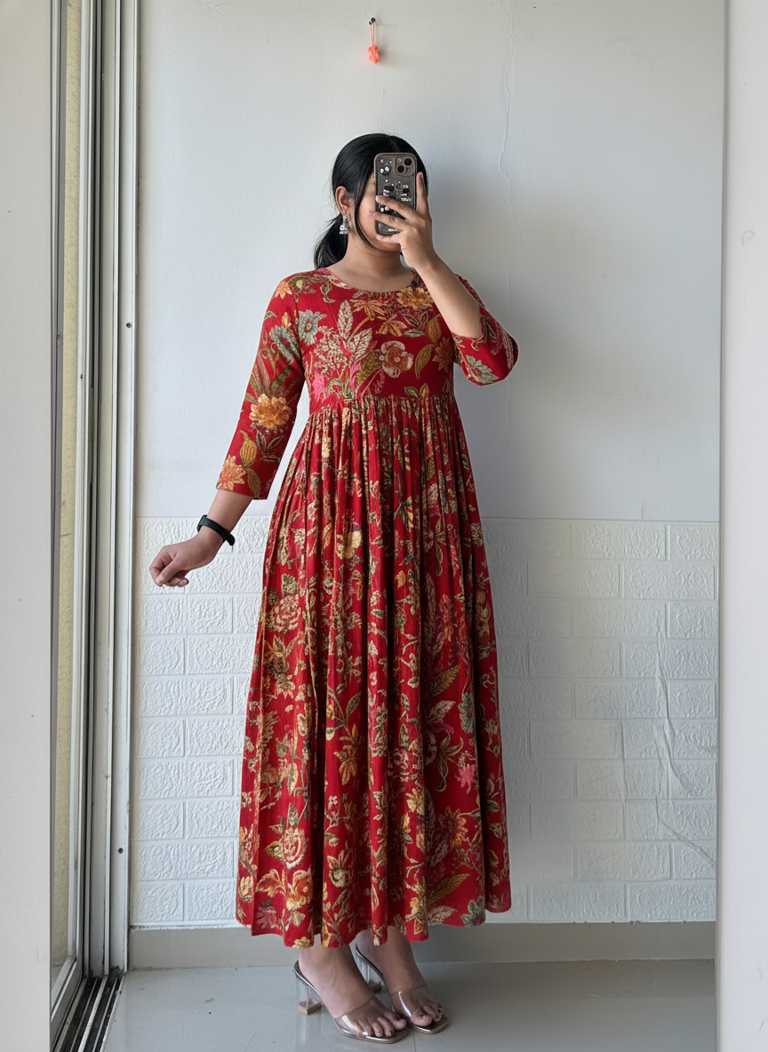 Red Pleated Anarkali Dress