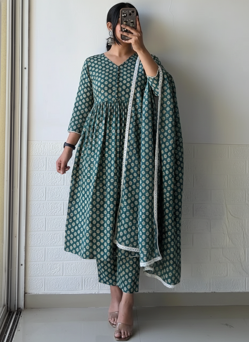 Green Pattern Flower Kurta Set with Dupatta