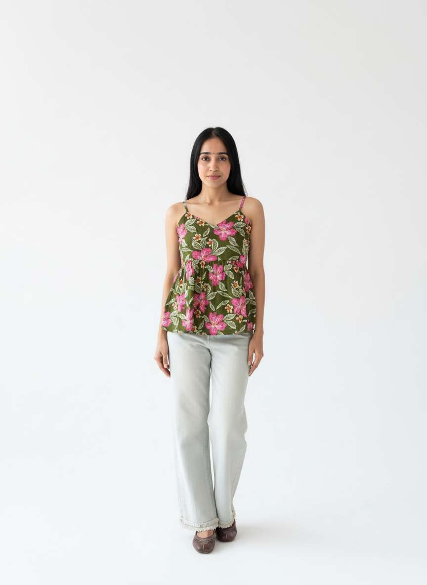 Olive Blossom Peplum Strap Top