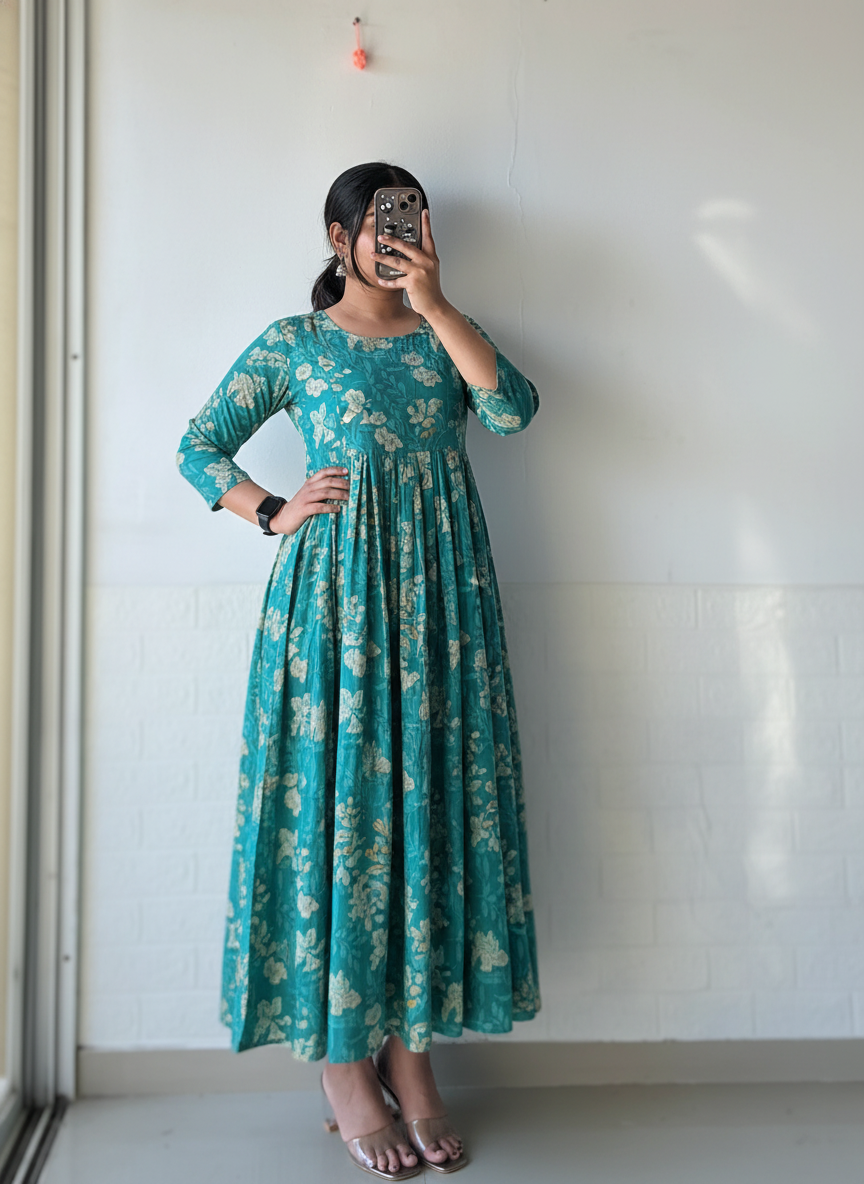 Teal Pleated Anarkali Dress