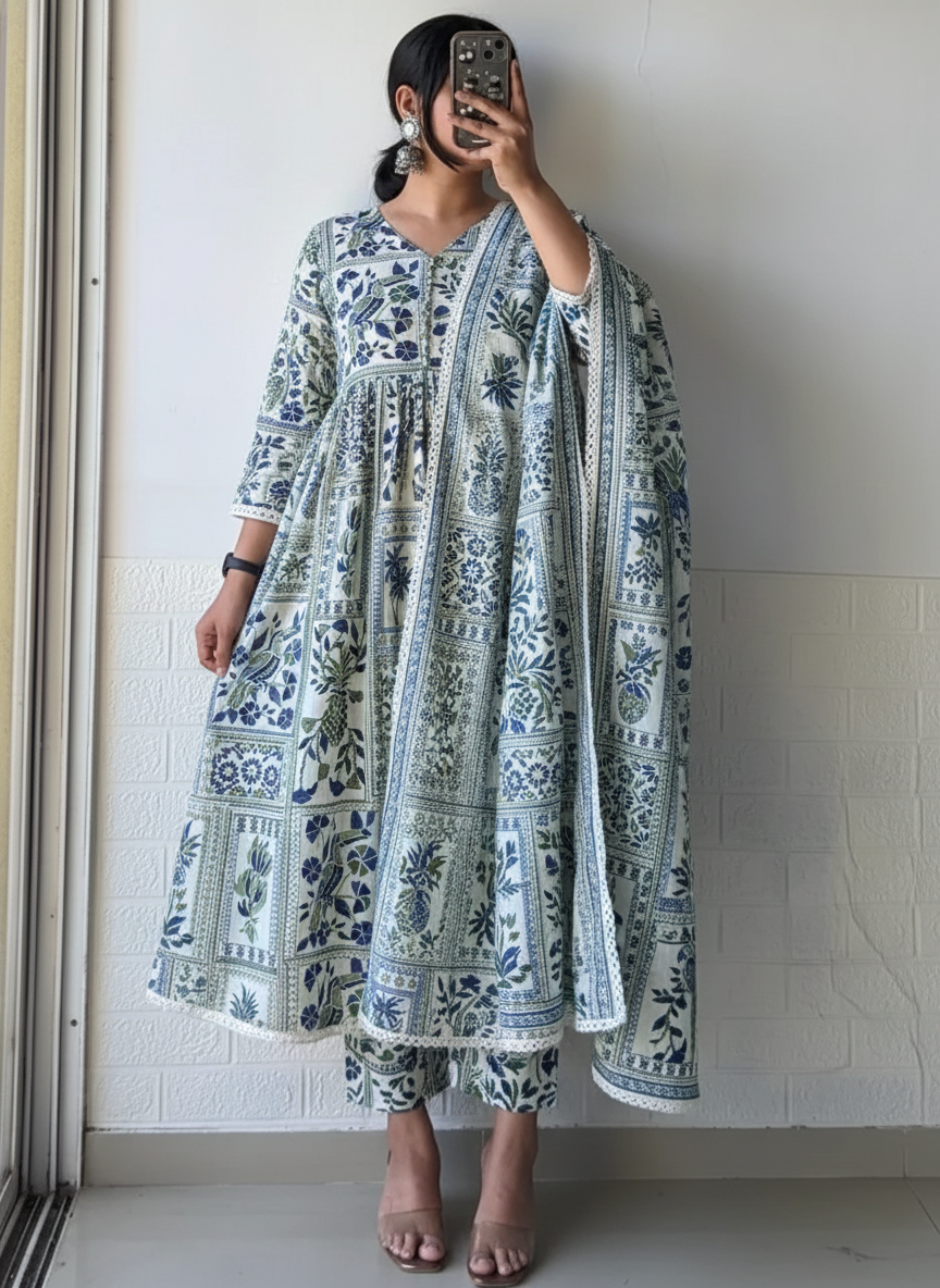 Pine Apple Blue Kurta Set with Dupatta