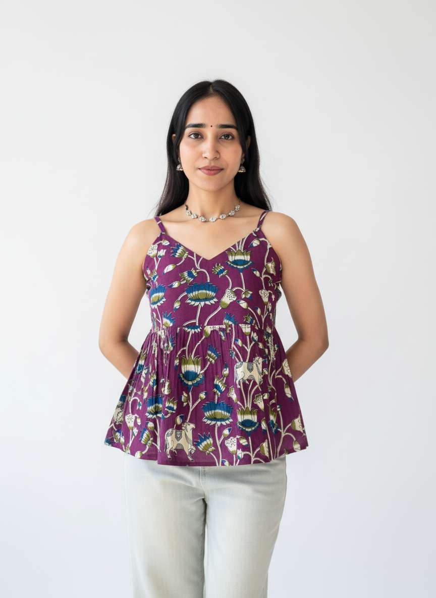 Royal Lotus Printed Strap Peplum Top