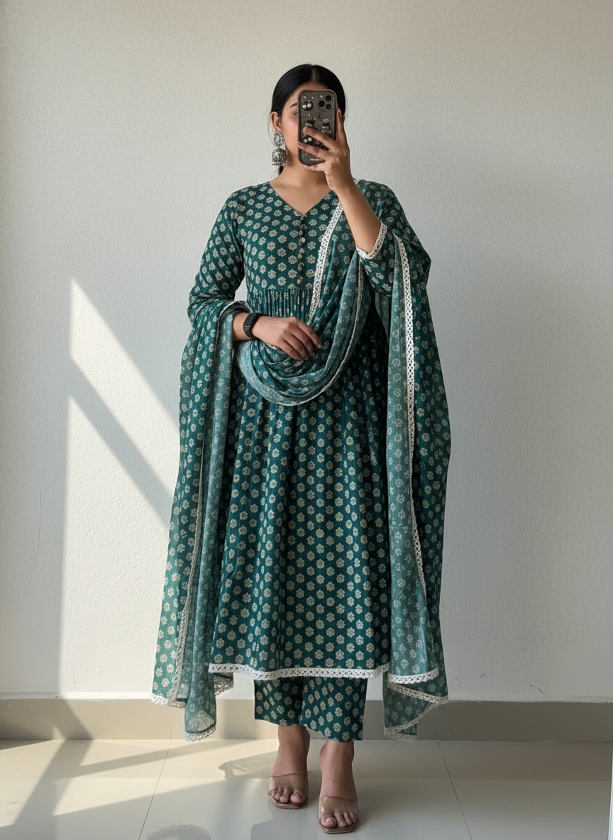 Green Pattern Flower Kurta Set with Dupatta