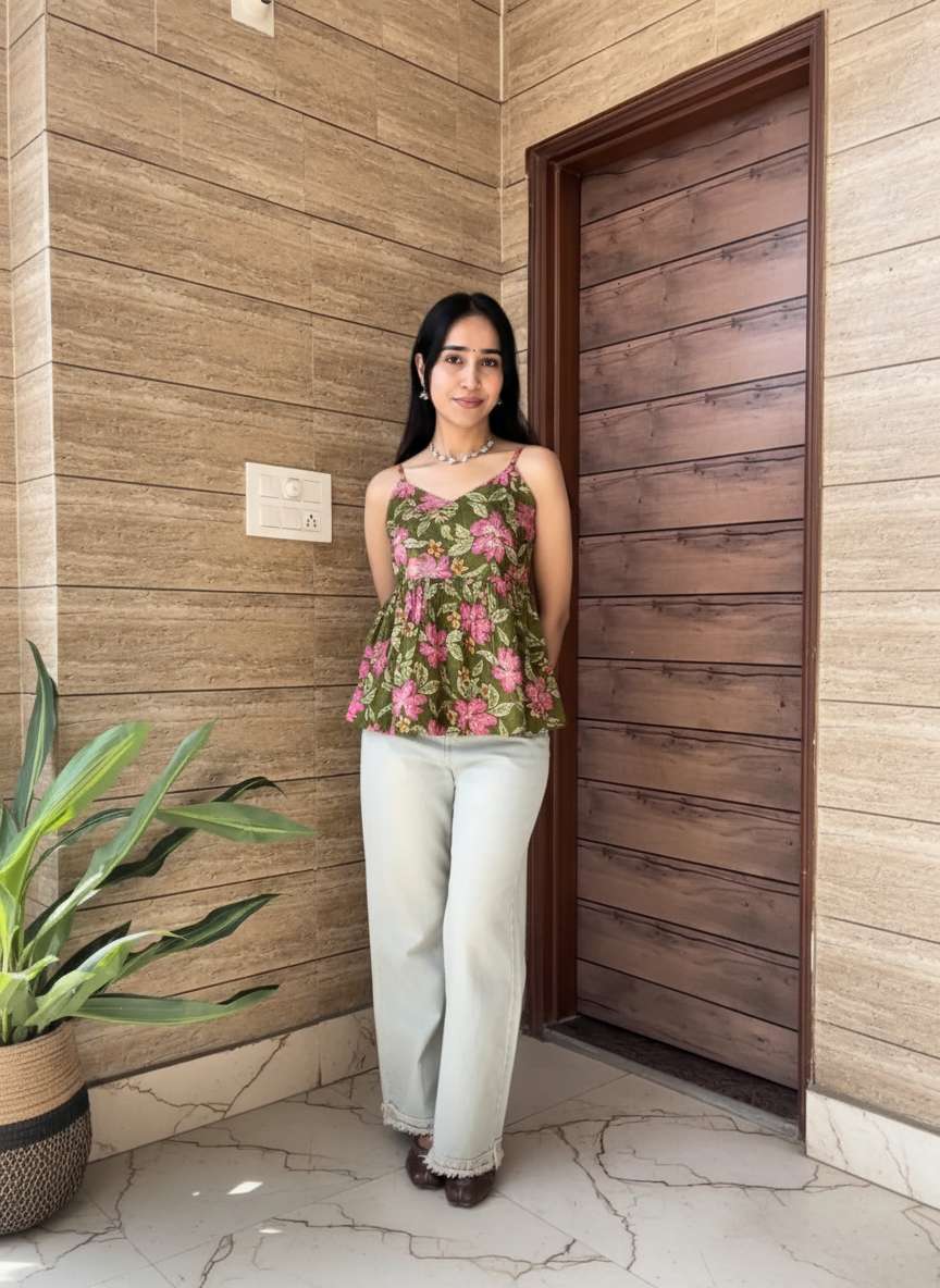 Olive Blossom Peplum Strap Top