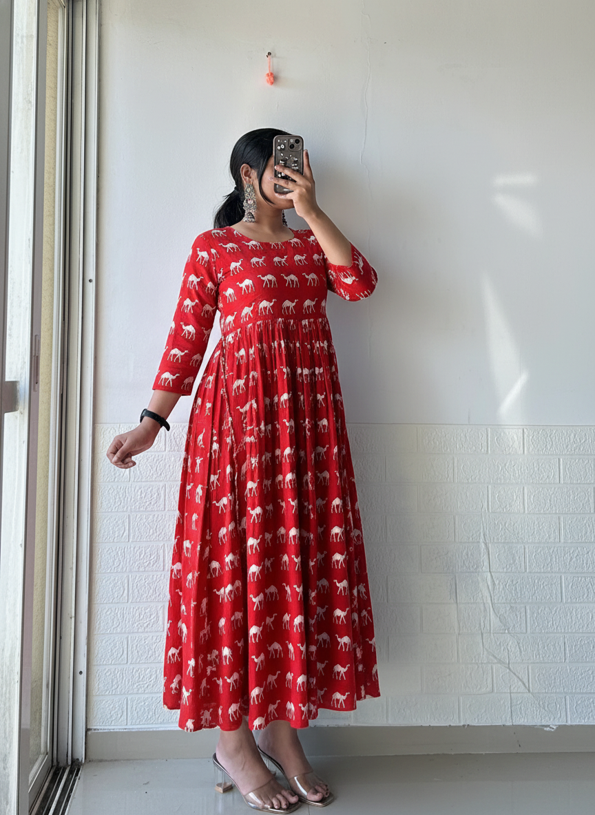Red Camel Pleated Anarkali Dress