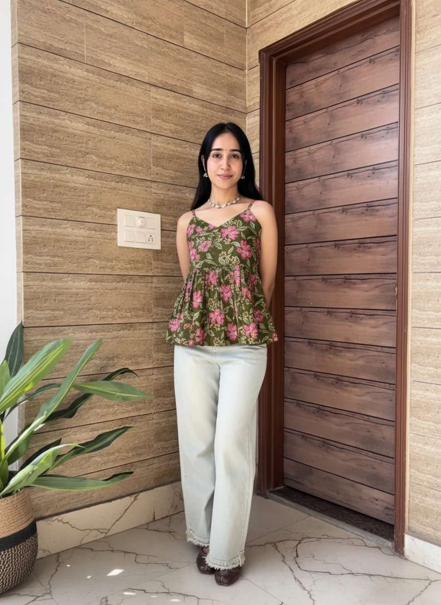 Olive Blossom Peplum Strap Top