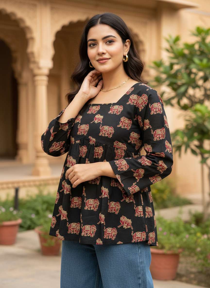 Noir Royal Elephant Peplum Kurti