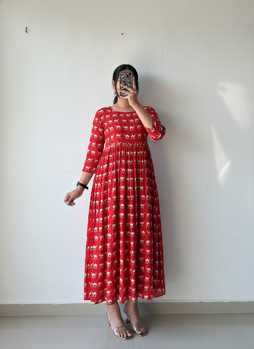 Red Camel Pleated Anarkali Dress