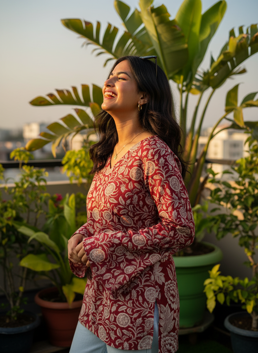 Maroon Peacock Garden  Short Kurti