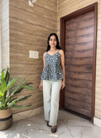 Indigo Blossom Peplum Strap Top