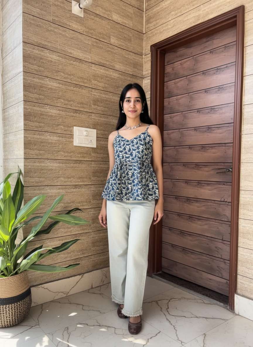 Indigo Blossom Peplum Strap Top