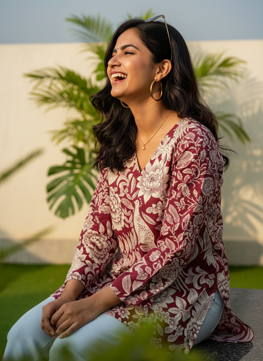 Maroon Peacock Garden  Short Kurti