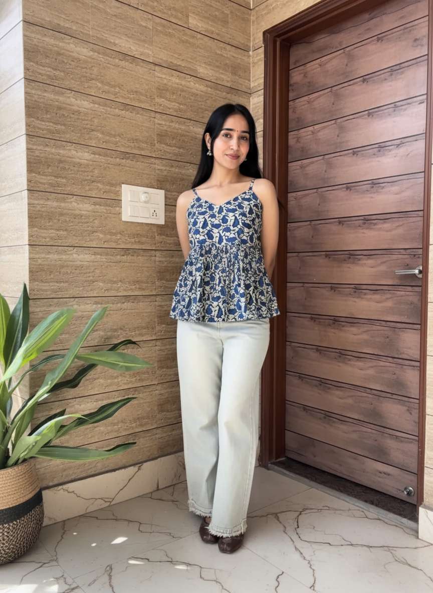 Indigo Blossom Peplum Strap Top