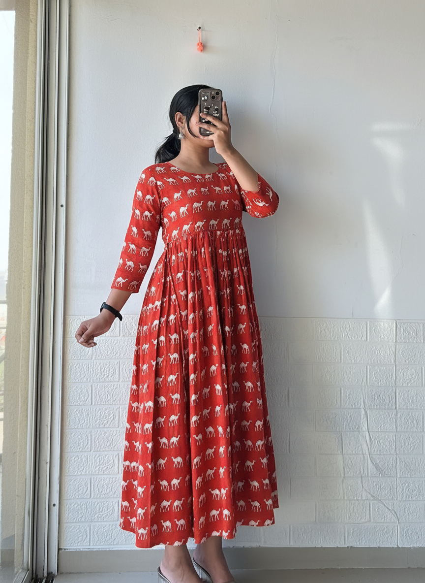 Red Camel Pleated Anarkali Dress