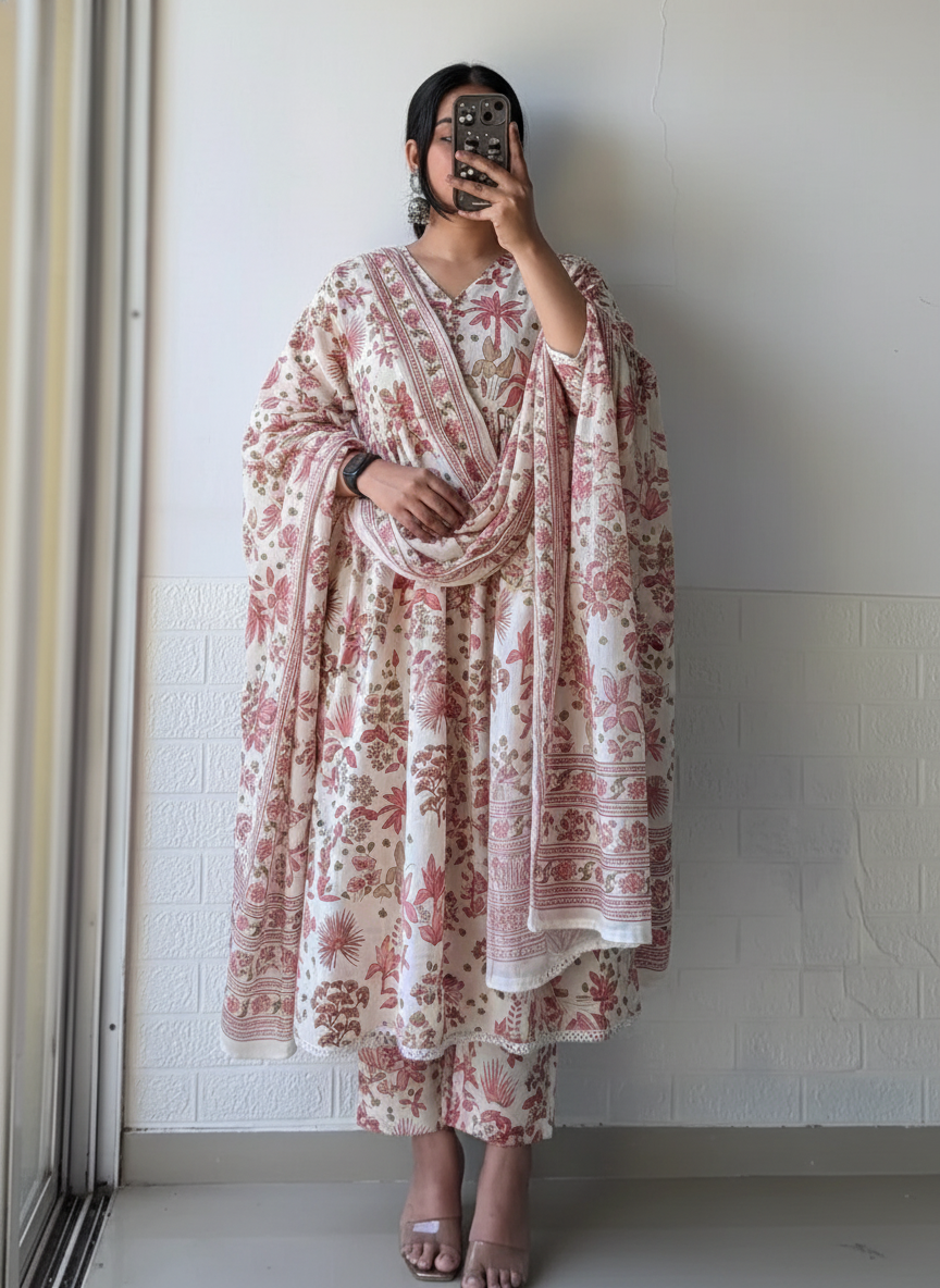 White Pink Pattern Flower Kurta Set with Dupatta