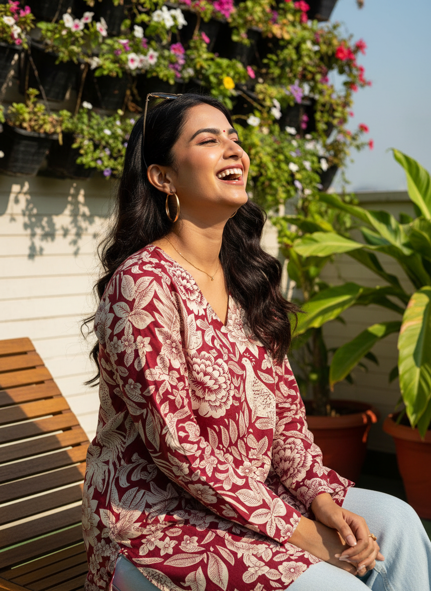 Maroon Peacock Garden  Short Kurti