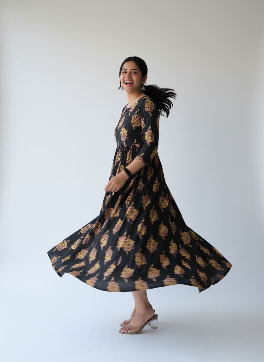 Bagru Midnight Anarkali Dress