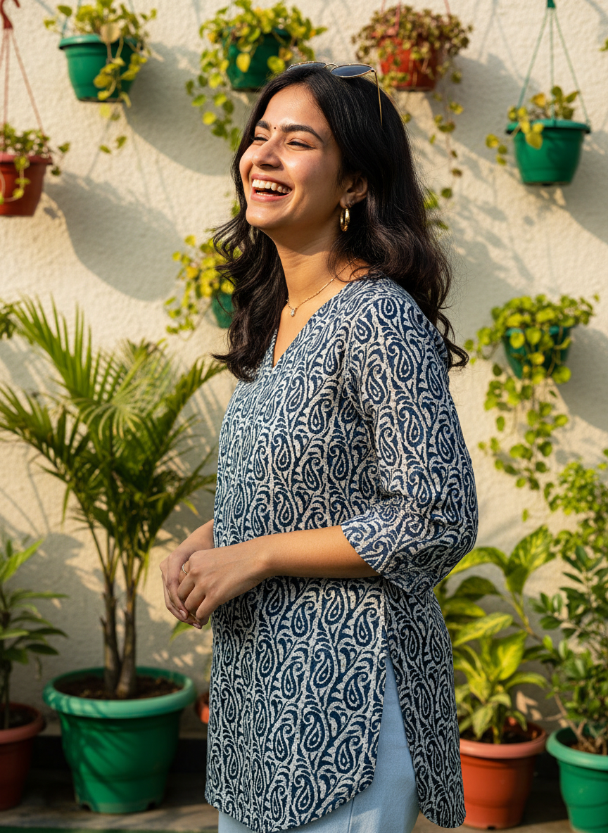 Navy Leaf Trail  Short Kurti