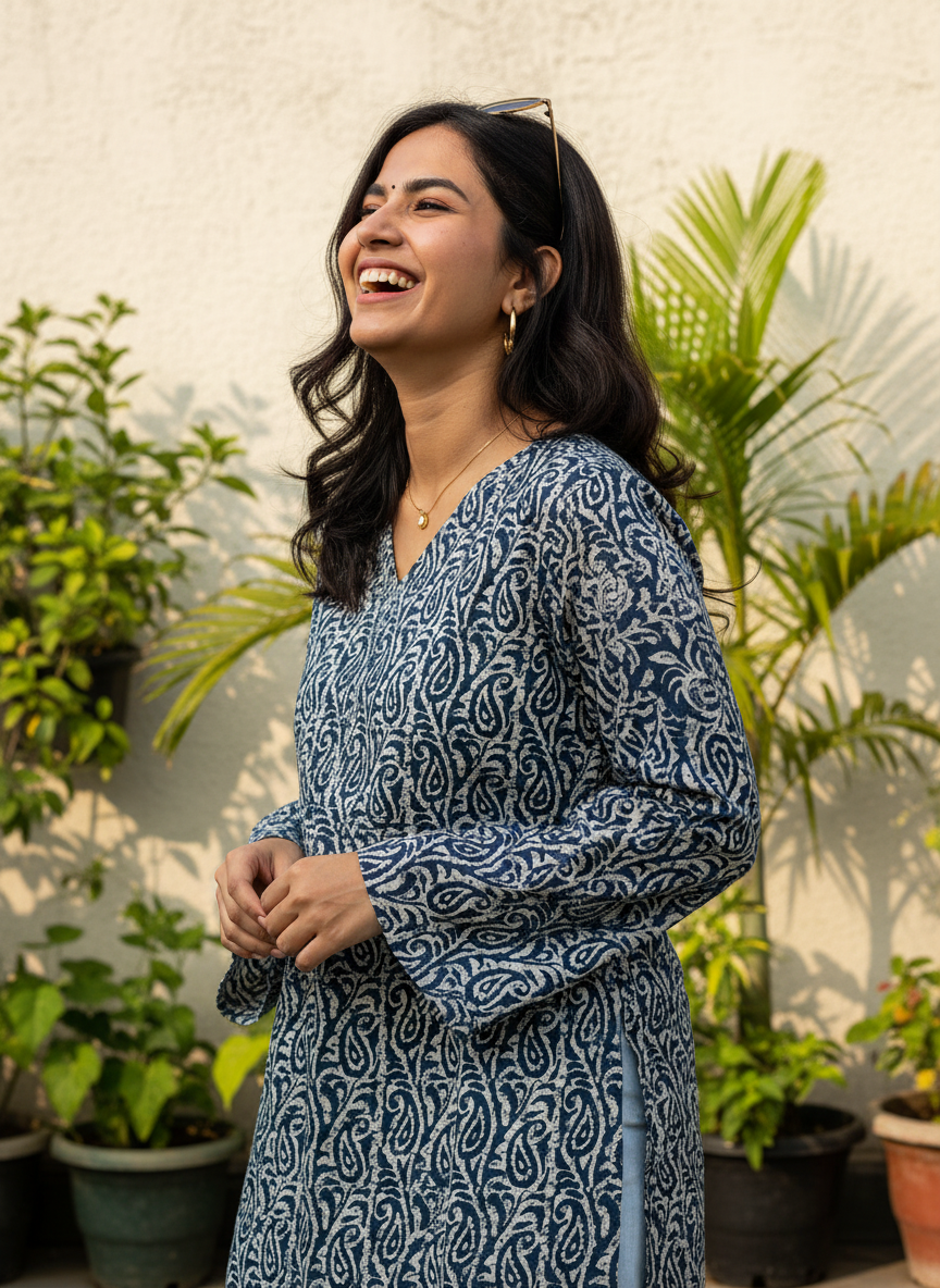 Navy Leaf Trail  Short Kurti