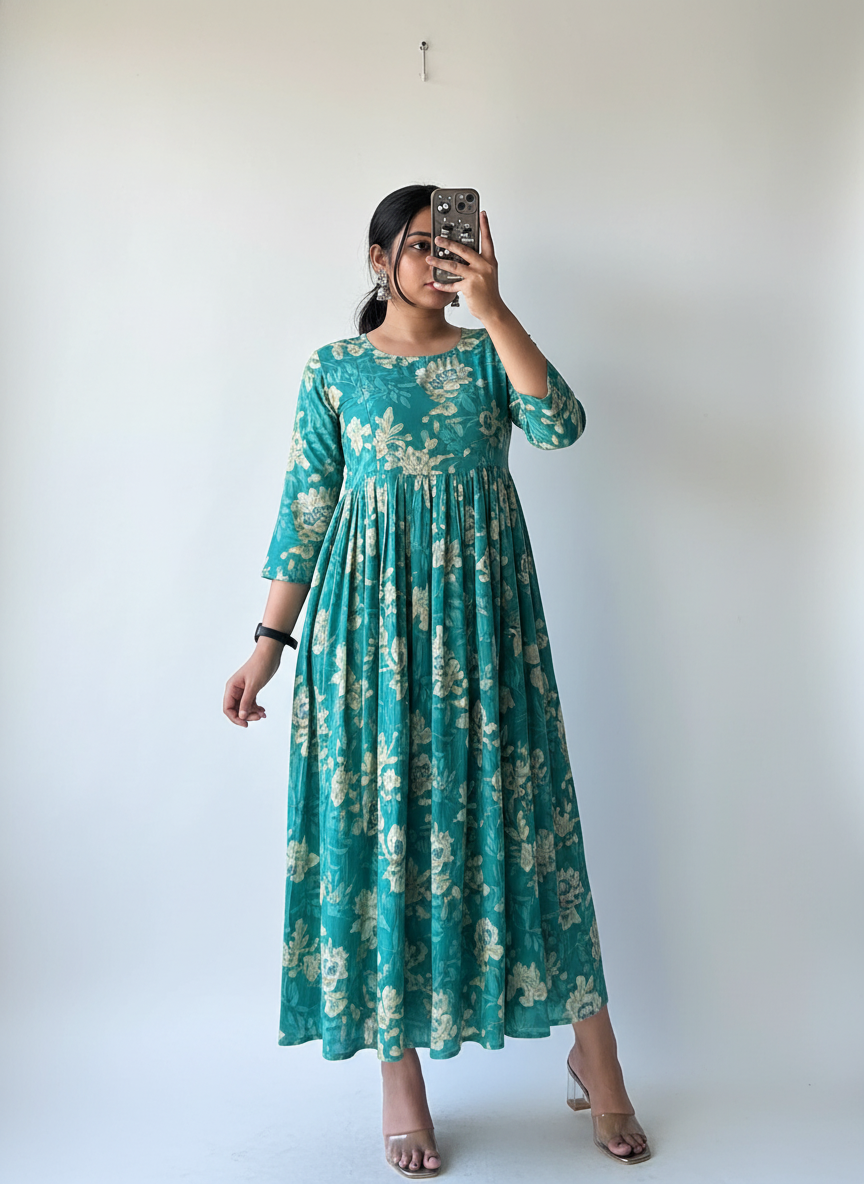 Teal Pleated Anarkali Dress