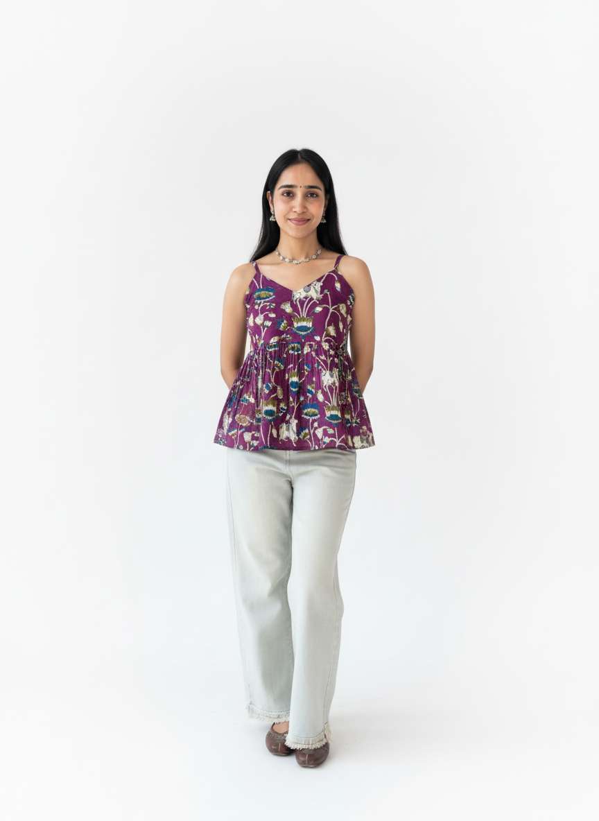 Royal Lotus Printed Strap Peplum Top