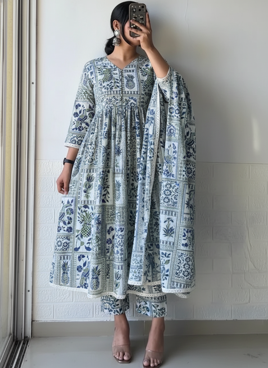 Pine Apple Blue Kurta Set with Dupatta