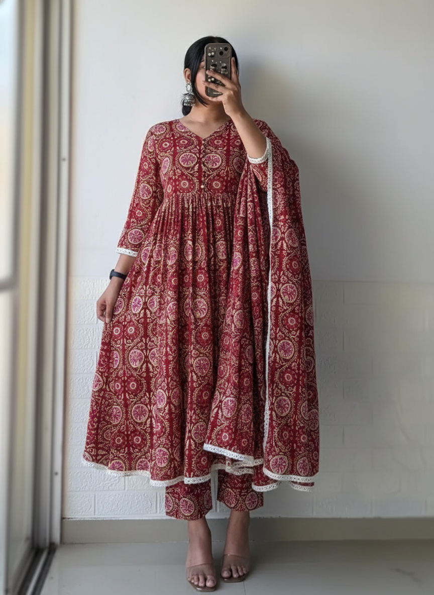 Red Pattern Flower Kurta Set with Dupatta