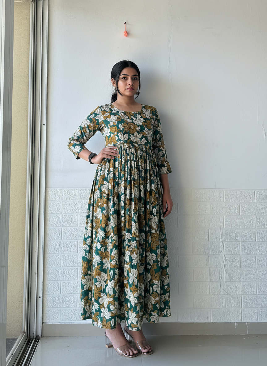 Leafy Pleated Anarkali Dress