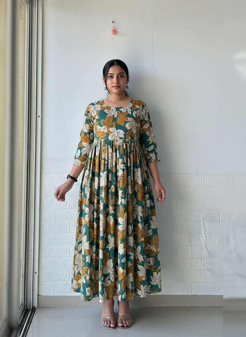 Leafy Pleated Anarkali Dress