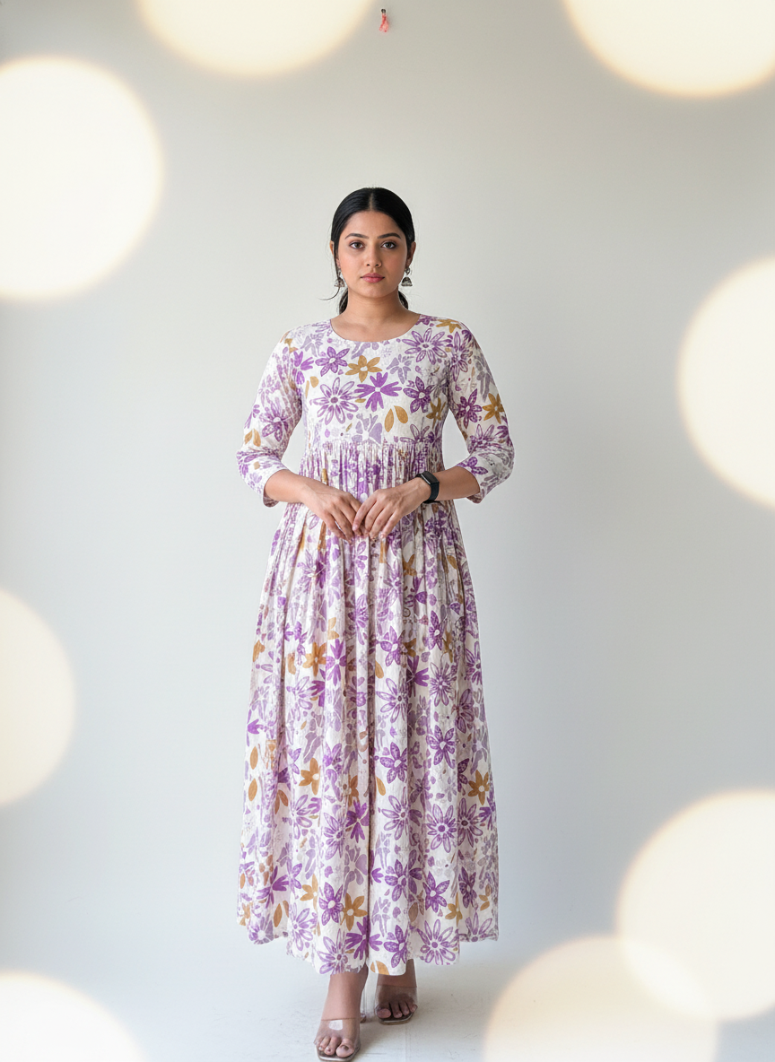 Purple Blossom Pleated Anarkali Dress