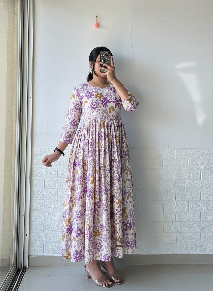 Purple Blossom Pleated Anarkali Dress