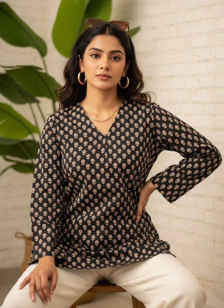 Midnight Blossom  Short Kurti